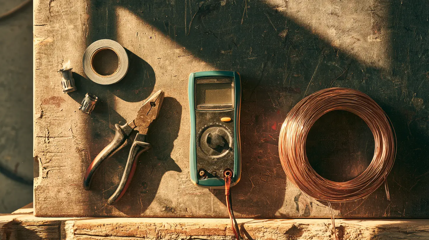 Digital multimeter, wire strippers, electrical tape, wire nuts and copper wire on a workbench, ready for a repair a $1,500 loan could cover