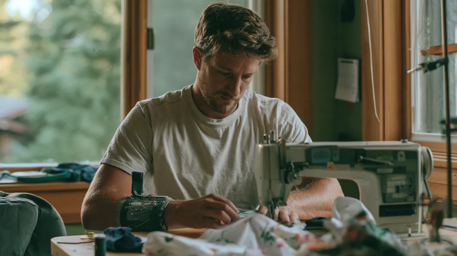 Young man guiding floral cotton fabric through a sewing machine at his apartment table, keeping a $500 loan budget simple