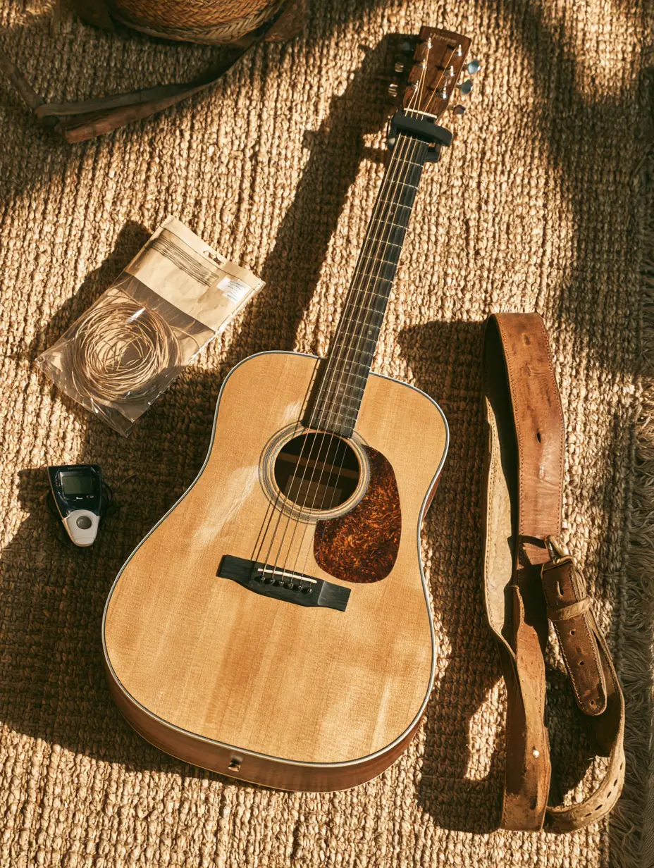 Overhead view of an acoustic guitar with a capo, a pack of spare strings, a clip-on tuner and a leather strap resting on a woven rug