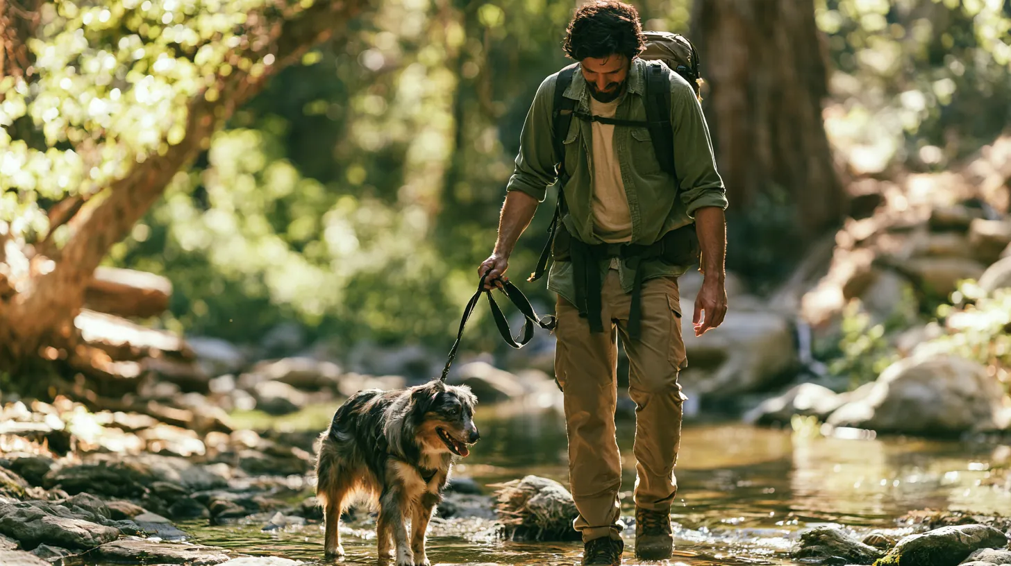 Man in his 40s hiking a forest trail with an Australian shepherd on a hands-free leash, pausing together at a shallow creek crossing