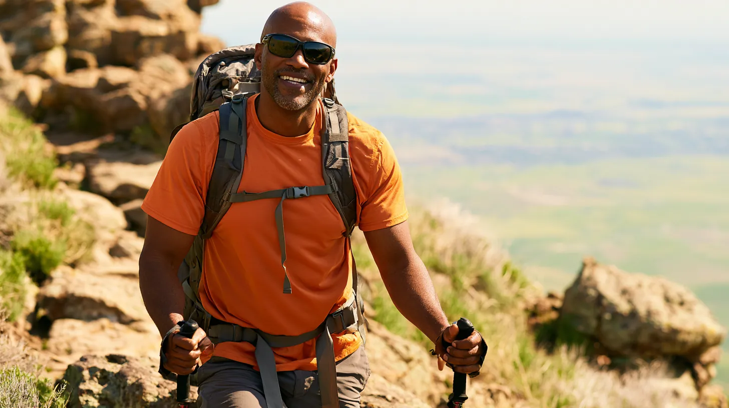 Hiker pausing on a rocky switchback with trekking poles and looking over a wide valley, a calm moment before a trulend loan request