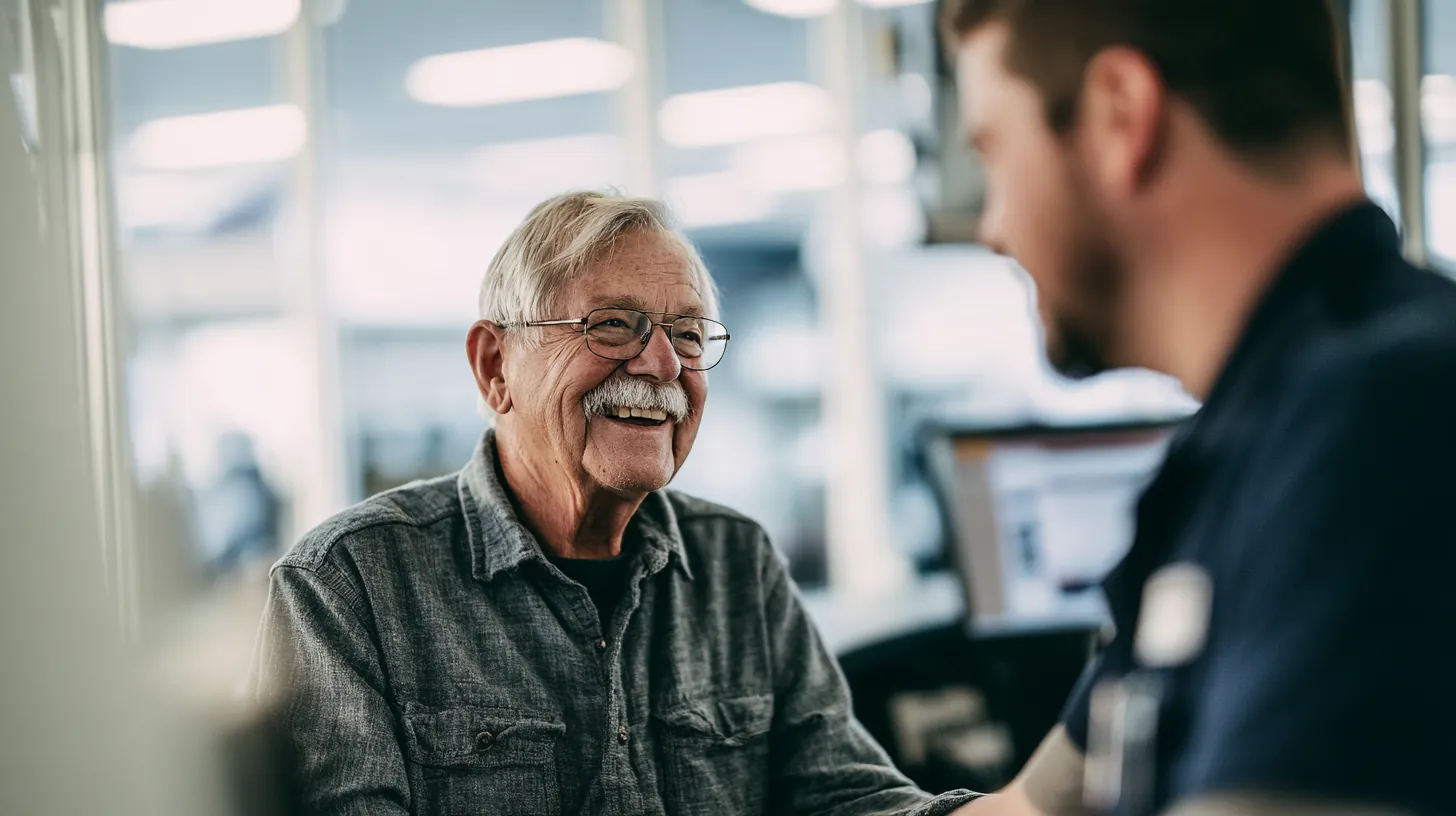 Older driver in his 70s smiling at a young service advisor at a bright auto-shop counter after hearing the repair is finished, a typical trulend auto repair moment