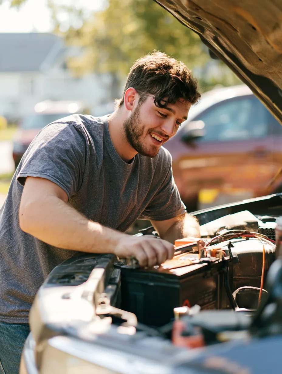 Mobile mechanic in his 20s lowering a new battery into an SUV engine bay in a suburban driveway, a small repair often covered by a trulend auto repair request
