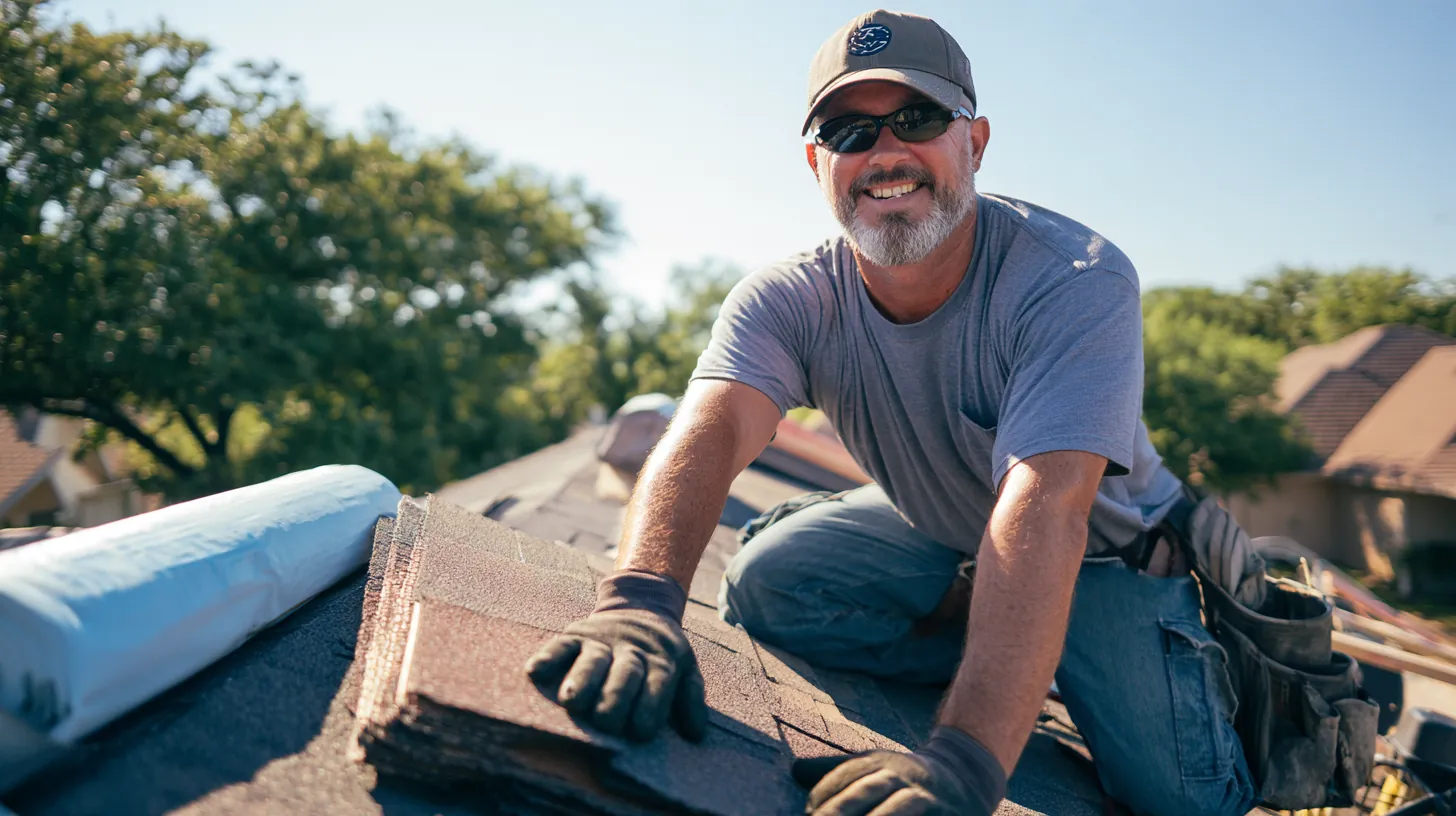 Roofer in his 50s kneeling beside a shingle bundle on a suburban roof, pausing mid-job to smile
