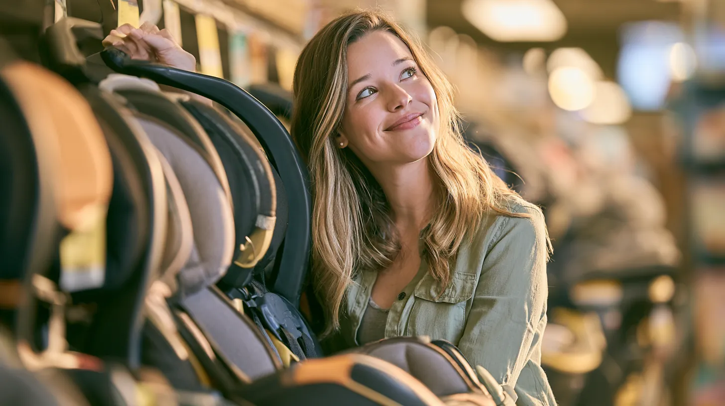 Woman in her 30s testing the carry handle of an infant car seat in an Appalachian baby store aisle while planning a trulend childcare budget