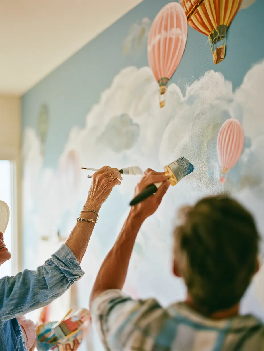 Grandmother and father laughing as they paint clouds and hot-air balloons on a nursery wall, a room set up with help from a trulend childcare loan