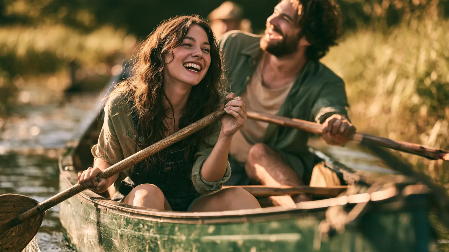 Woman and man in their 30s paddling a green canoe along a reedy river bend, turned toward each other and sharing a laugh