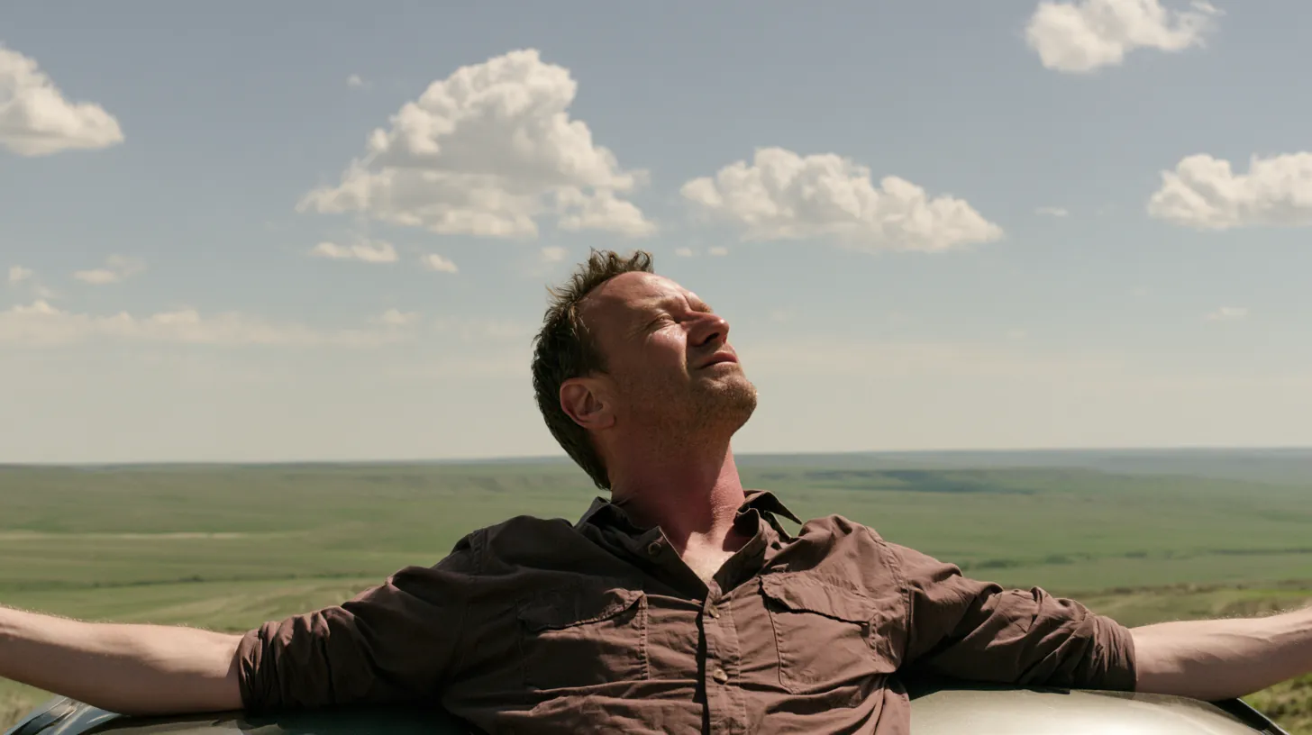 Man in his 50s stretching at a scenic overlook above a wide valley, taking a breather after sending a trulend debt consolidation request