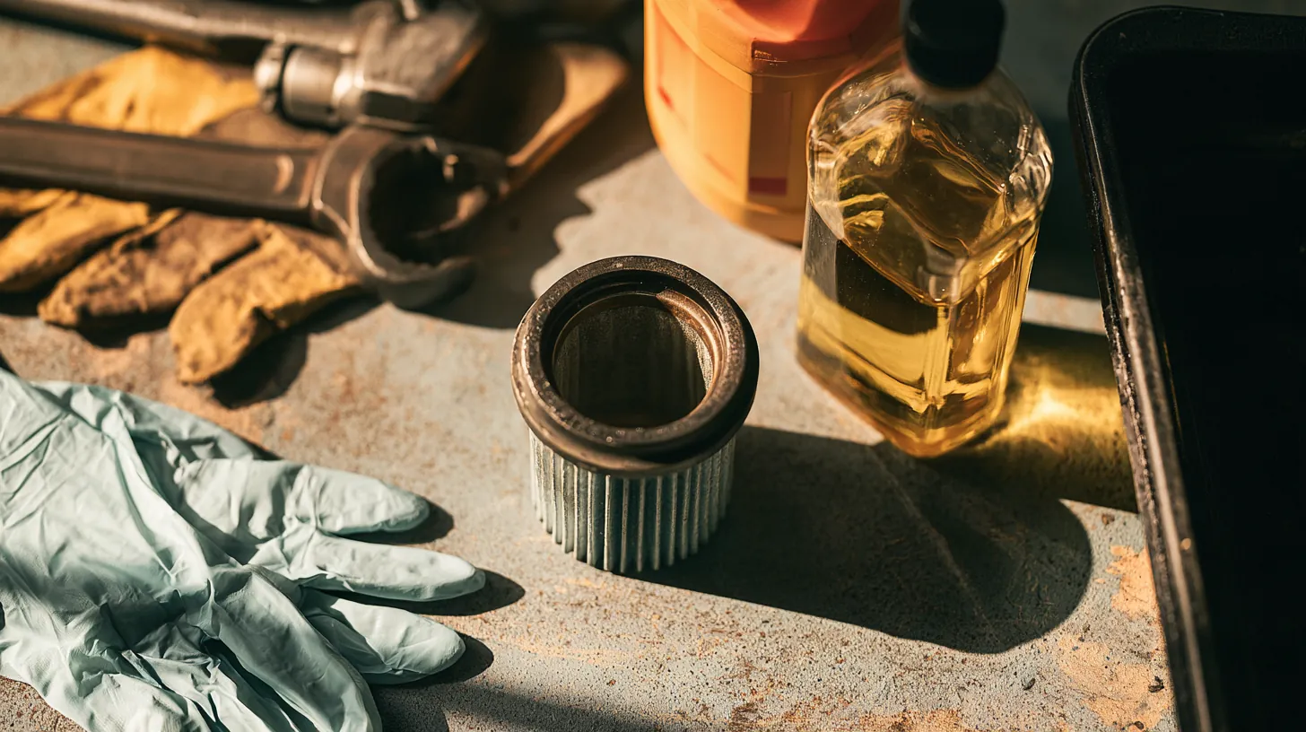 A new oil filter, a quart of motor oil, a filter wrench, a drain pan and nitrile gloves on a shop floor, a ready checklist like trulend eligibility basics