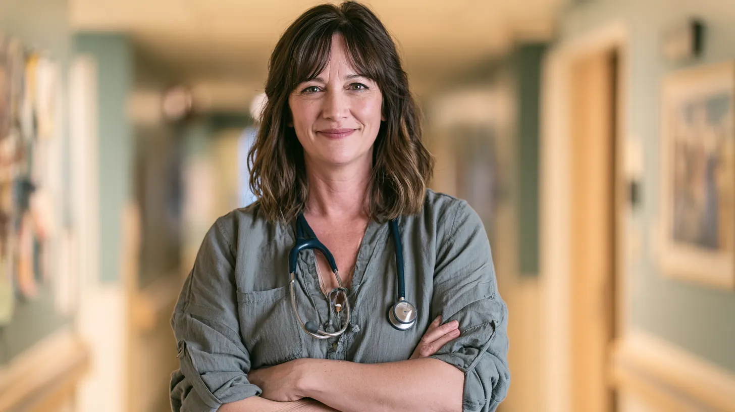 A nurse pausing in a hospital hallway between rounds with a stethoscope around her neck and a relaxed smile, answering questions like this trulend FAQ