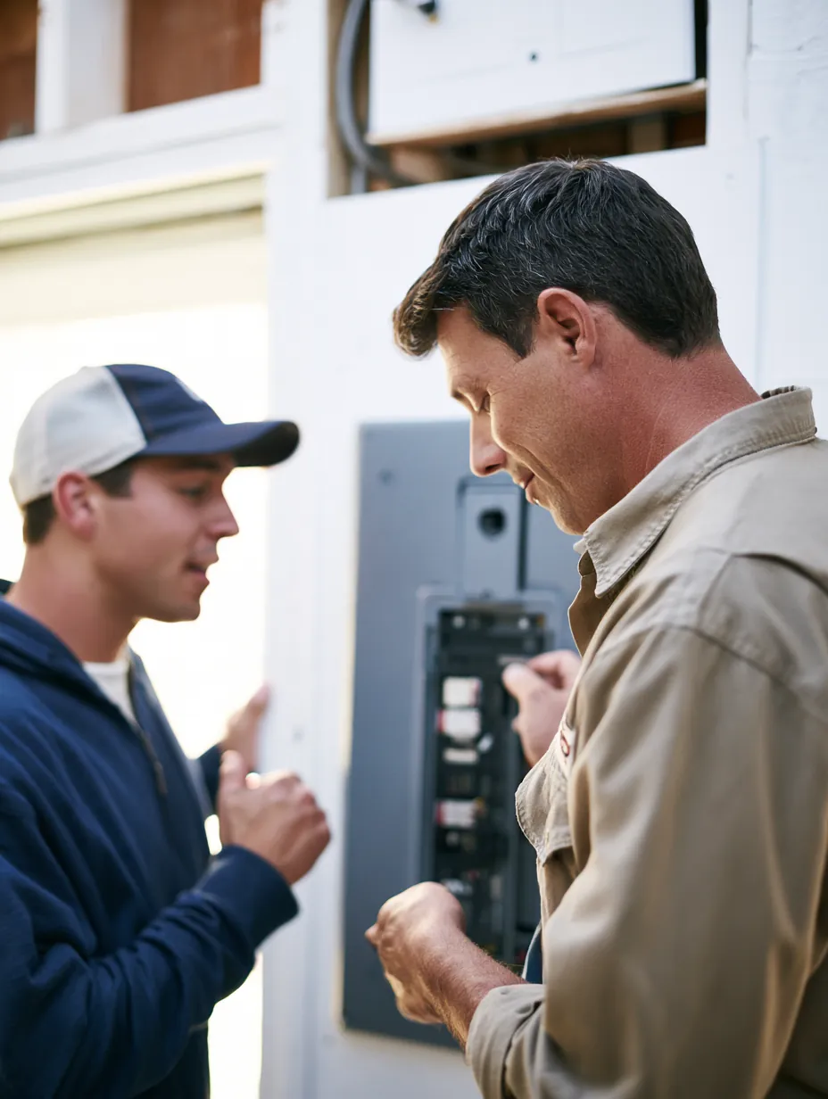 Electrician in his 30s replacing a breaker in a home electrical panel in a garage while a younger homeowner watches, an example of a trulend home repair cost
