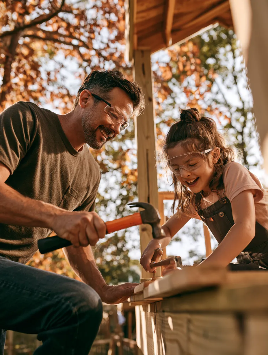 Man in his 50s and a girl around 8 in safety glasses hammering a plank onto a half-built backyard treehouse platform, grinning at each other