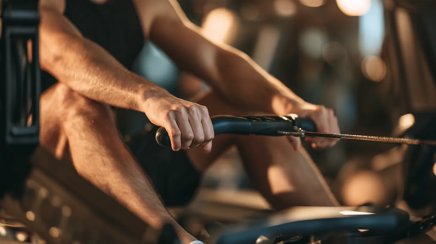 Man in his 20s rowing steadily on a rowing machine at a neighborhood gym, relaxed and in control, like a trulend borrower pacing a debt snowball