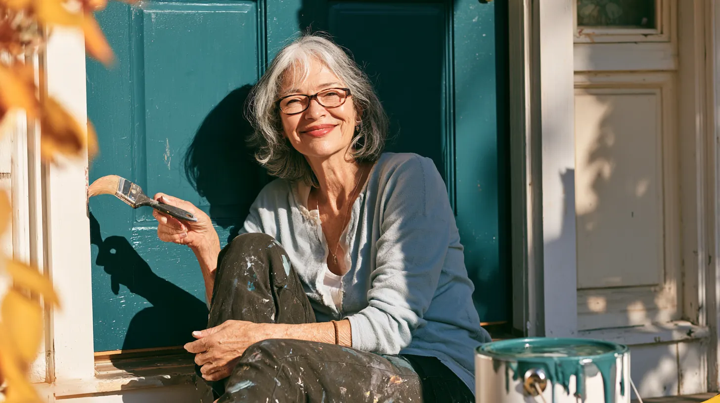 Woman in her 70s painting a newly installed front door bold teal, brush in hand and paint can on the step, a project a trulend shopper might fund