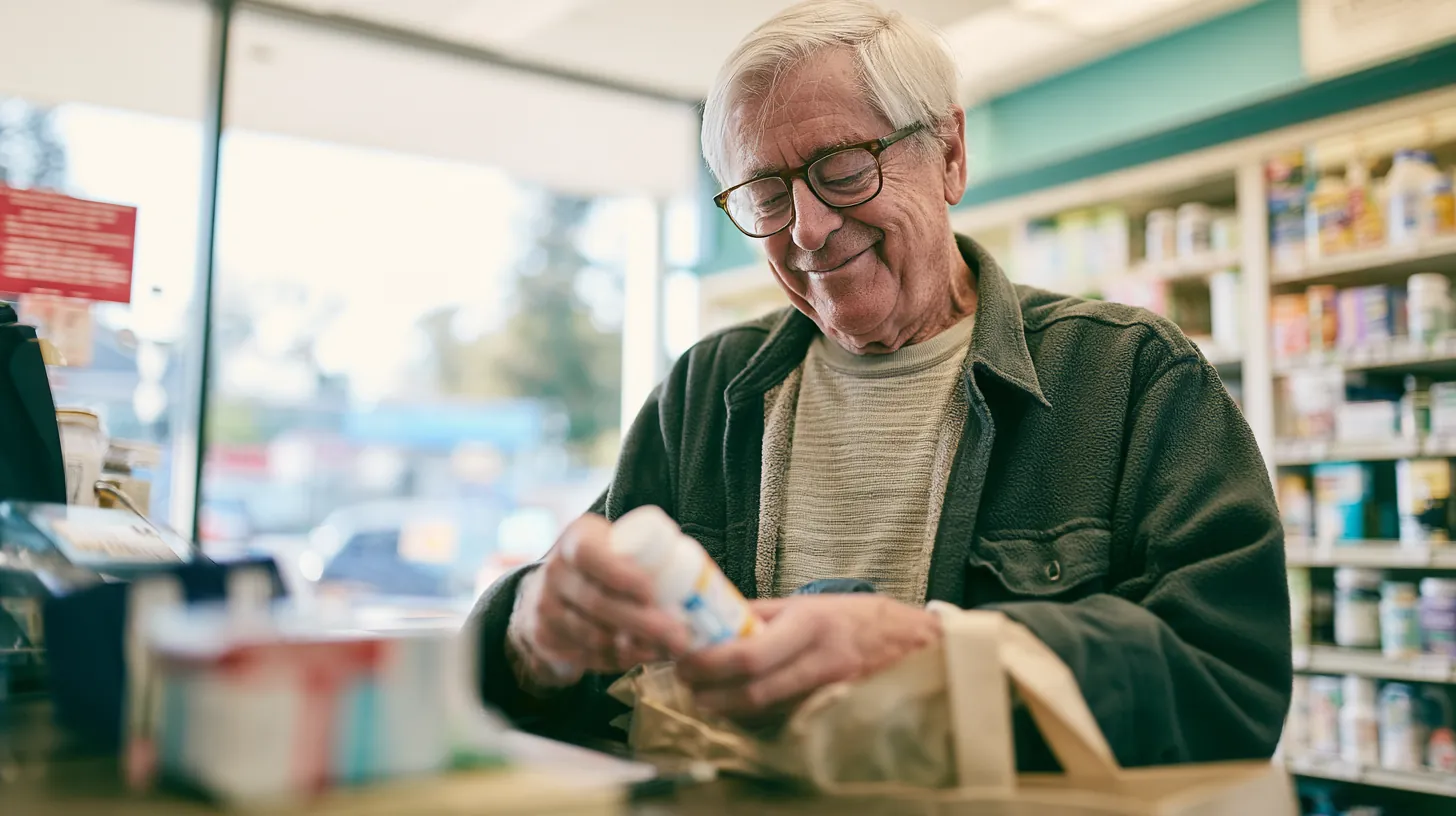 Man in his 70s picking up a pet medication bottle at a pharmacy counter and tucking it into a tote bag with a relieved smile, for a trulend emergency vet bill guide