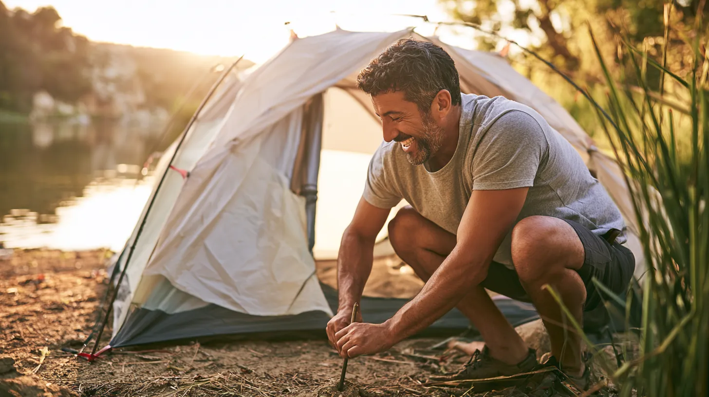 Man pressing the last stake into a new dome tent at a lakeside campsite, a trip paid for with a trulend personal loan