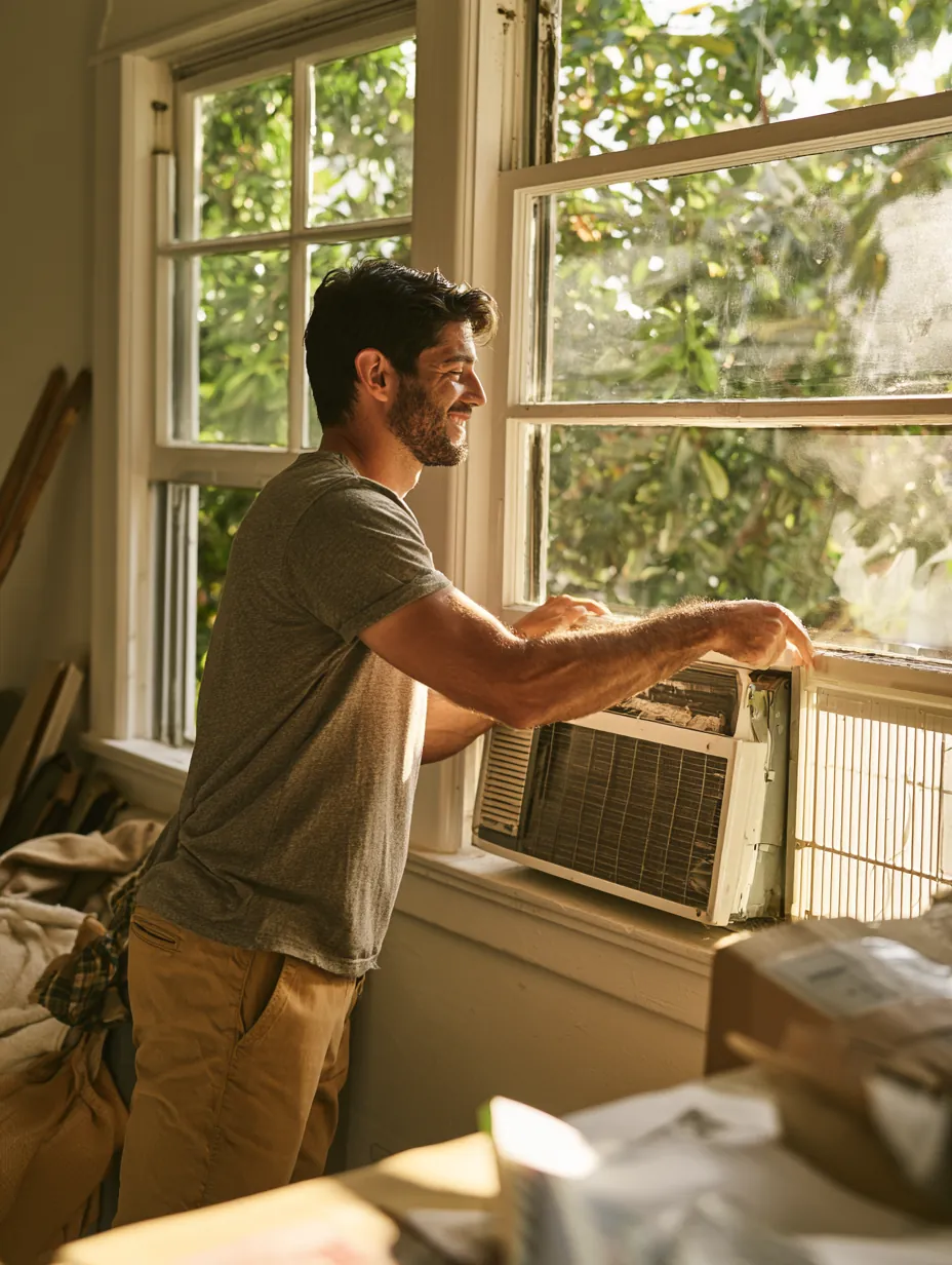 Man sliding a new window air conditioner into an apartment window and feeling the cool air, a typical trulend personal loan purchase