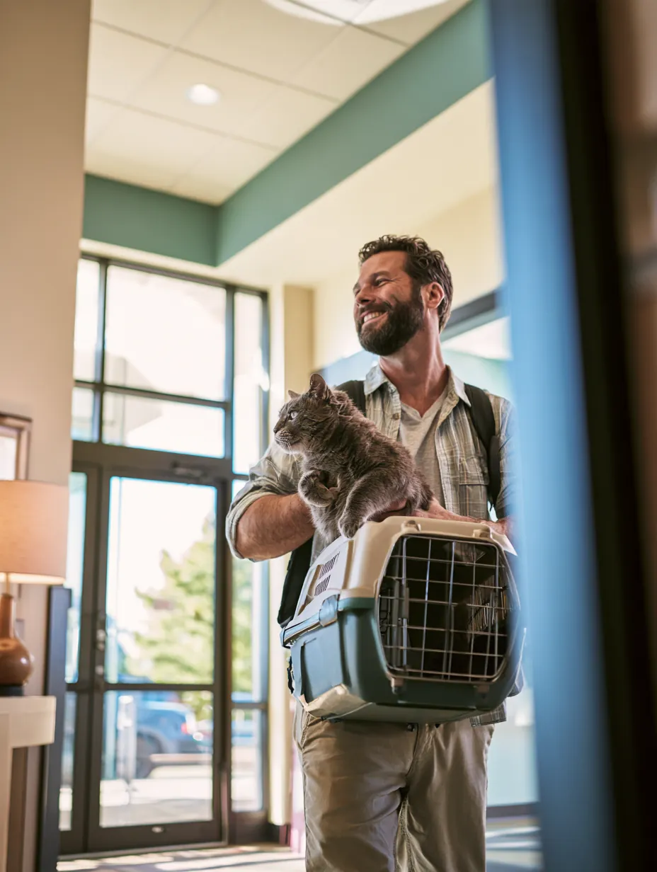 Man in his 40s carrying a gray shorthair cat in a pet carrier through a bright vet lobby, the kind of clinic visit behind many trulend pet care requests