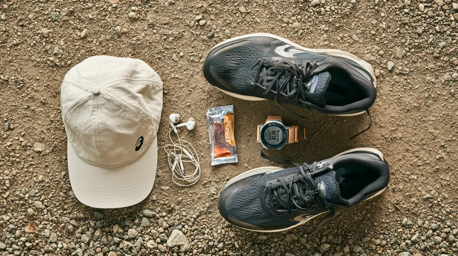 Running shoes with a sports watch, an energy gel, a cap and wireless earbuds laid out on a gravel path, a pacing kit that mirrors planning trulend rates