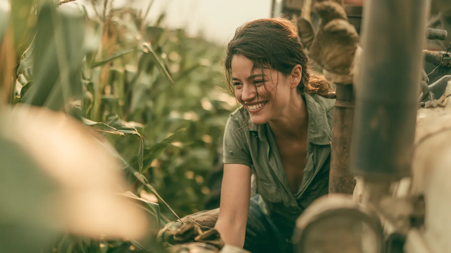 Farmer climbing down from a tractor at the edge of a cornfield and waving a work glove, a cheerful image for trulend reviews