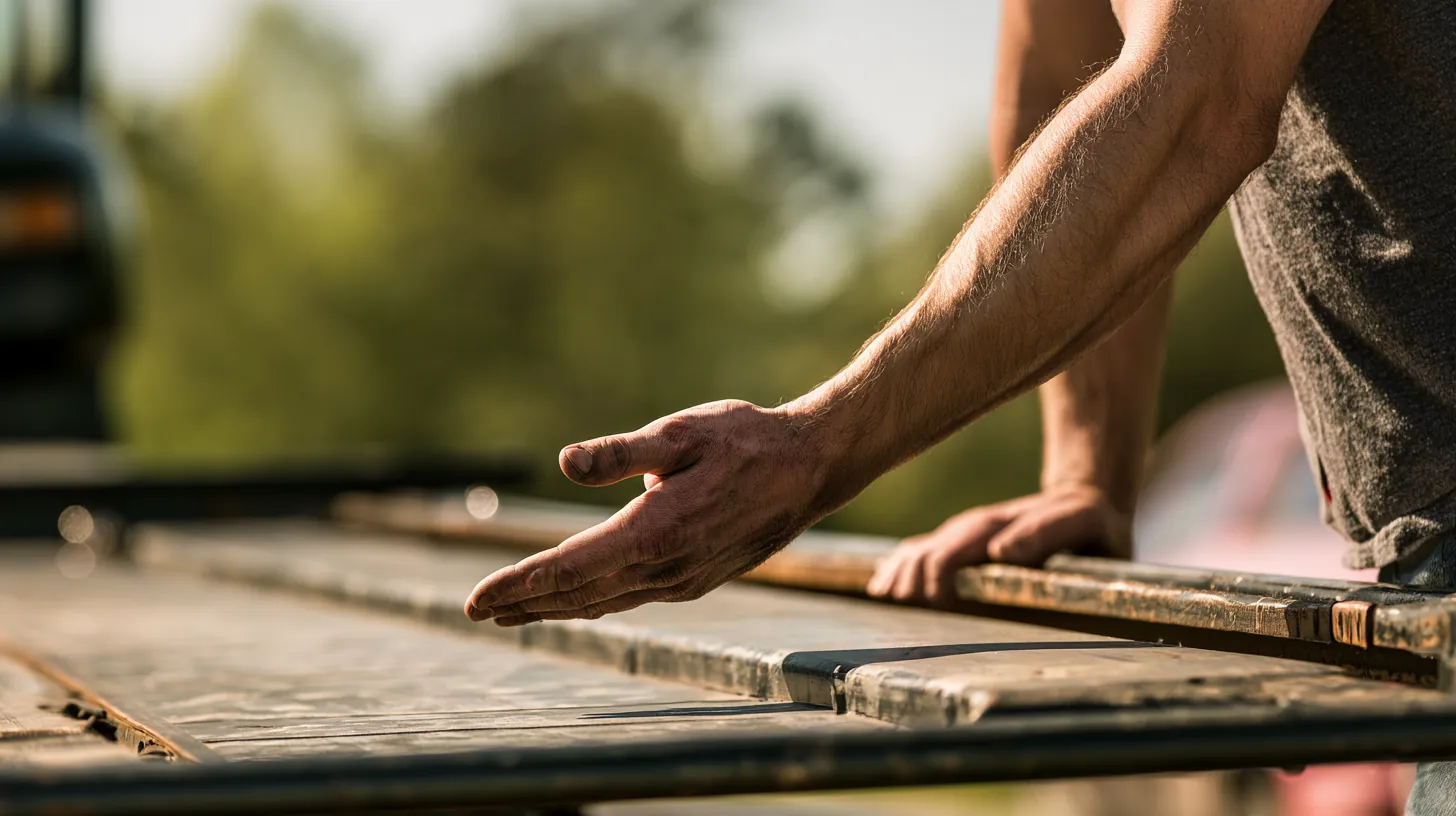 A tow truck driver lowering the bed of a flatbed truck on a quiet road, trulend sitemap
