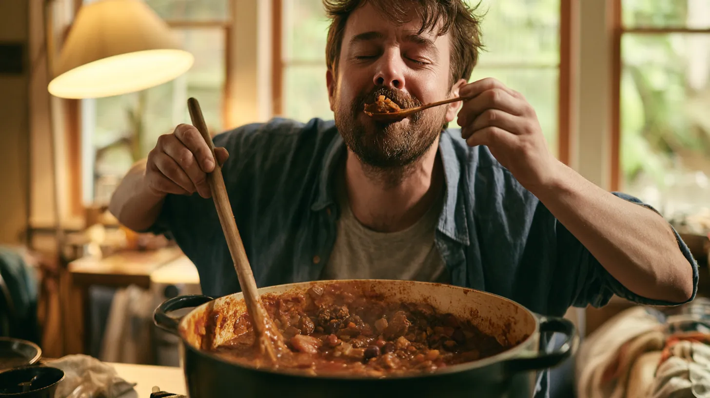 Man in his 30s stirring a big dutch oven of homemade chili, tasting from a wooden spoon with eyes closed in approval