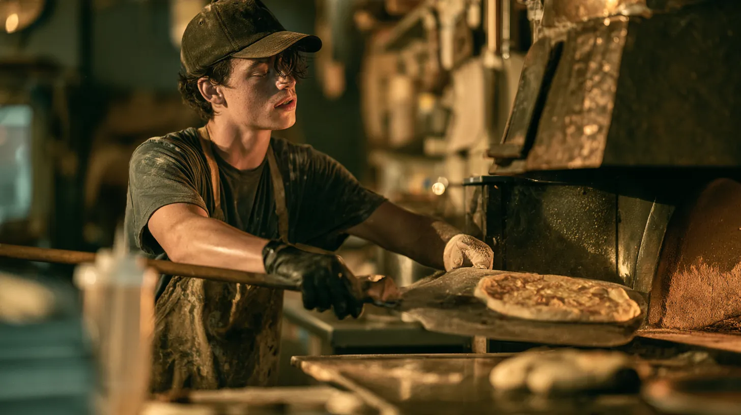 Pizza maker in his 20s sliding a pie off a wooden peel into a wood-fired oven at a neighborhood pizzeria, candid shot for a trulend guide to what APR includes